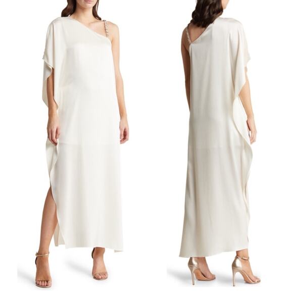 Alice + Olivia Tae Crystal Strap Asymmetric White Satin Maxi Dress Size 0 - Picture 1 of 7